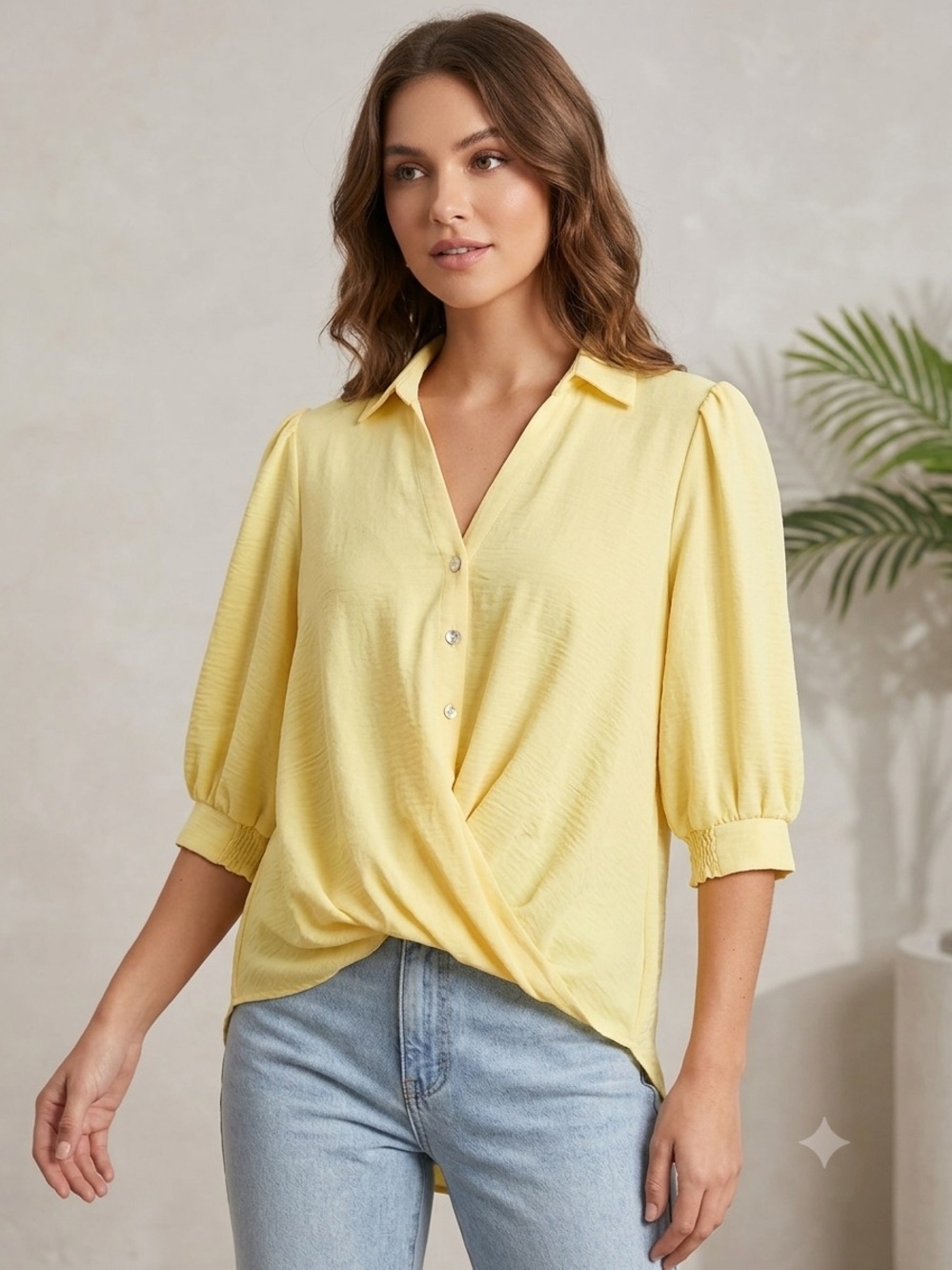 Chenault Light Yellow Faux-Wrap Collared Button Front Blouse Women’s Size Medium